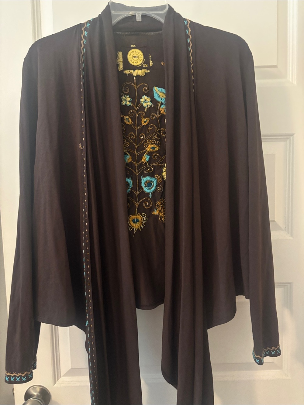 Double D Ranch Brown Cardigan SZ S/M w/Yellow-Gold and Turquoise Embroidery - Picture 2 of 10